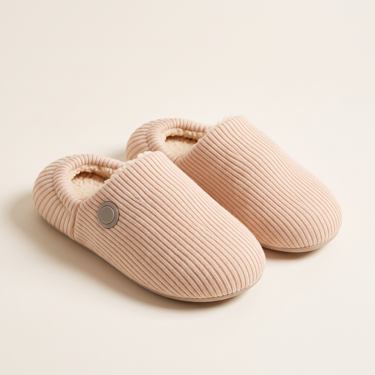 Cozy Glow heated slippers in blush, ribbed knit with sherpa lining and side heat button