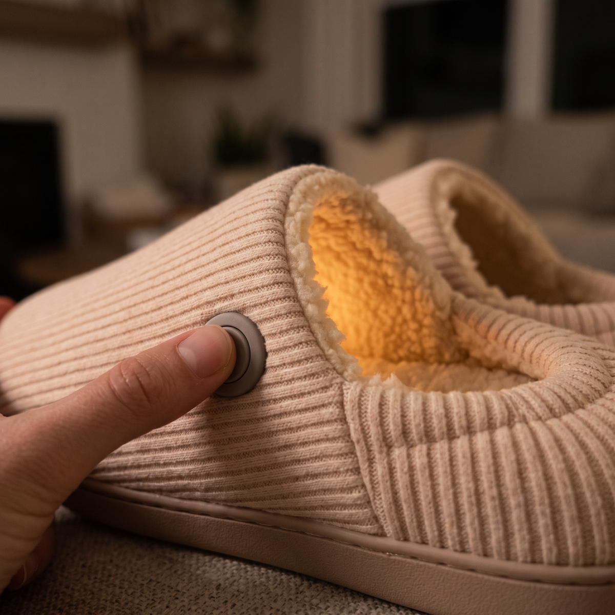 Pressing the side button to turn on the heat in a Cozy Glow slipper
