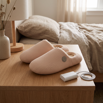 Cozy Glow heated slippers on a bedside table with USB-C charging cable